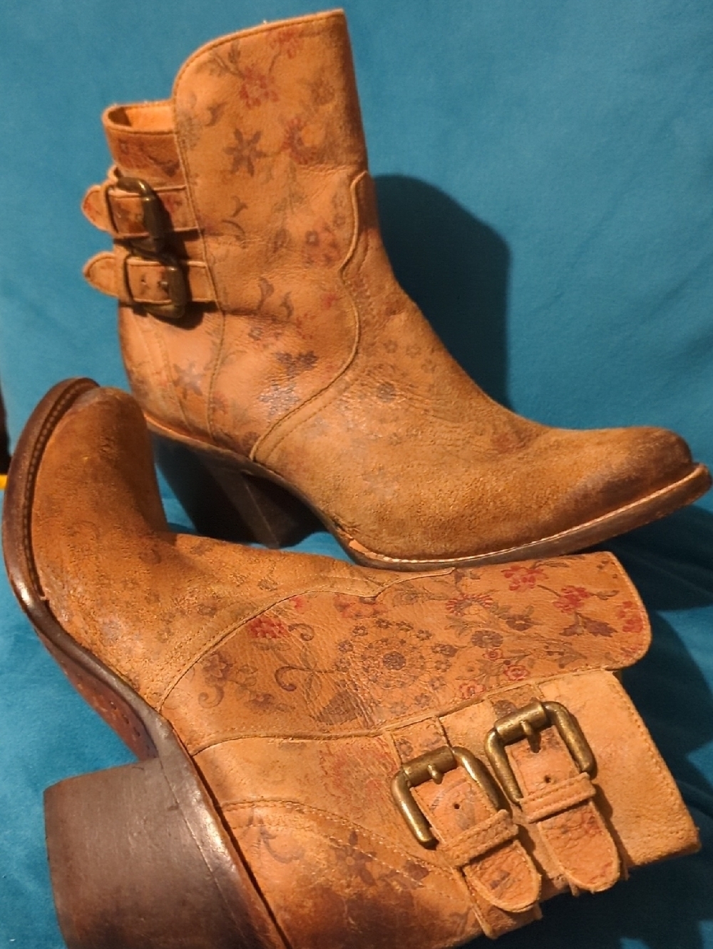 Lucchese Floral-Embossed Tan Leather Ankle Boots with Double Buckles
